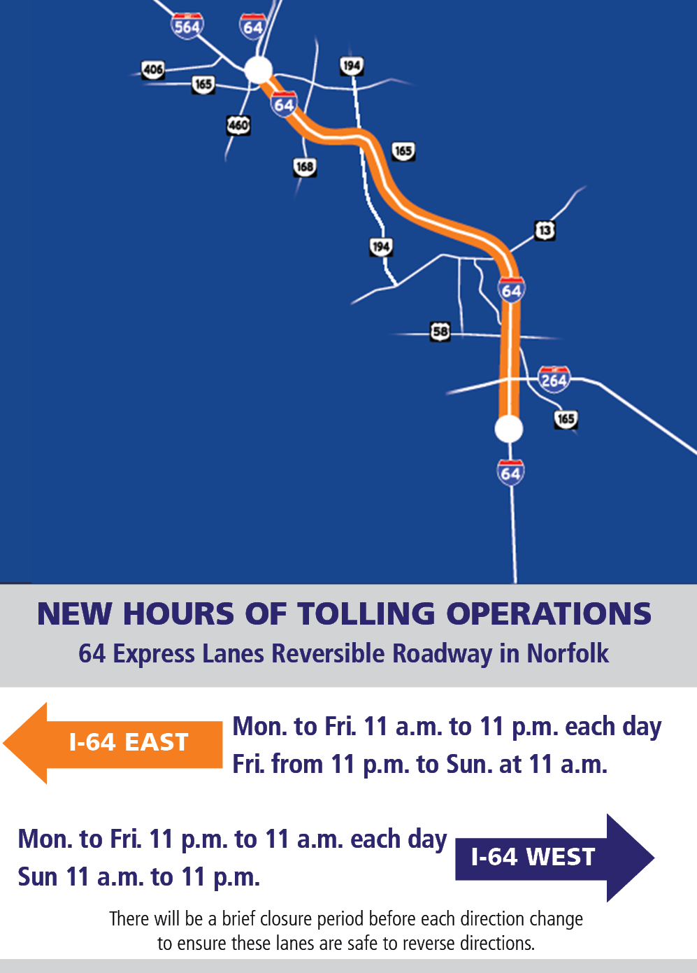 New Hour of Tolling Operations for the 64 Express Lanes Reversible Roadway in Norfolk